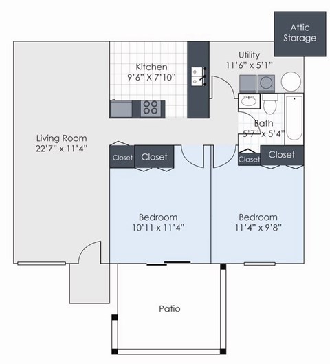 Floor plan for 2 beds, 1 bath, 864 sqft